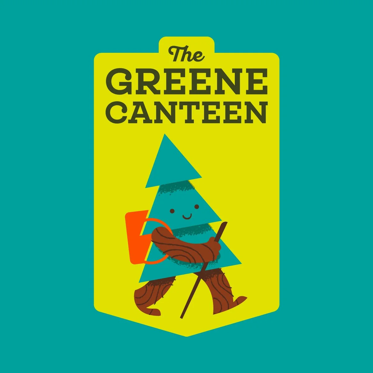 Illustration of a friendly anthropomorphic tree in hiking attire, smiling, holding a walking stick, with a backpack, and in front of a sign that says 'The Greene Canteen'.