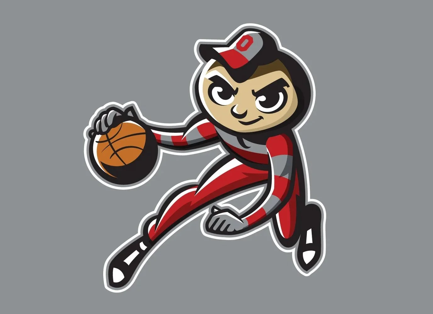 Cartoon character dressed in red and gray sports outfit with a black hoodie, holding a basketball, in a dynamic pose against a gray background.