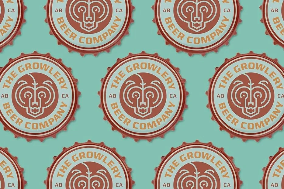 Pattern of circular beer bottle cap logos with a lion's face outline and the text 'The Growlery Beer Company' on a teal background.