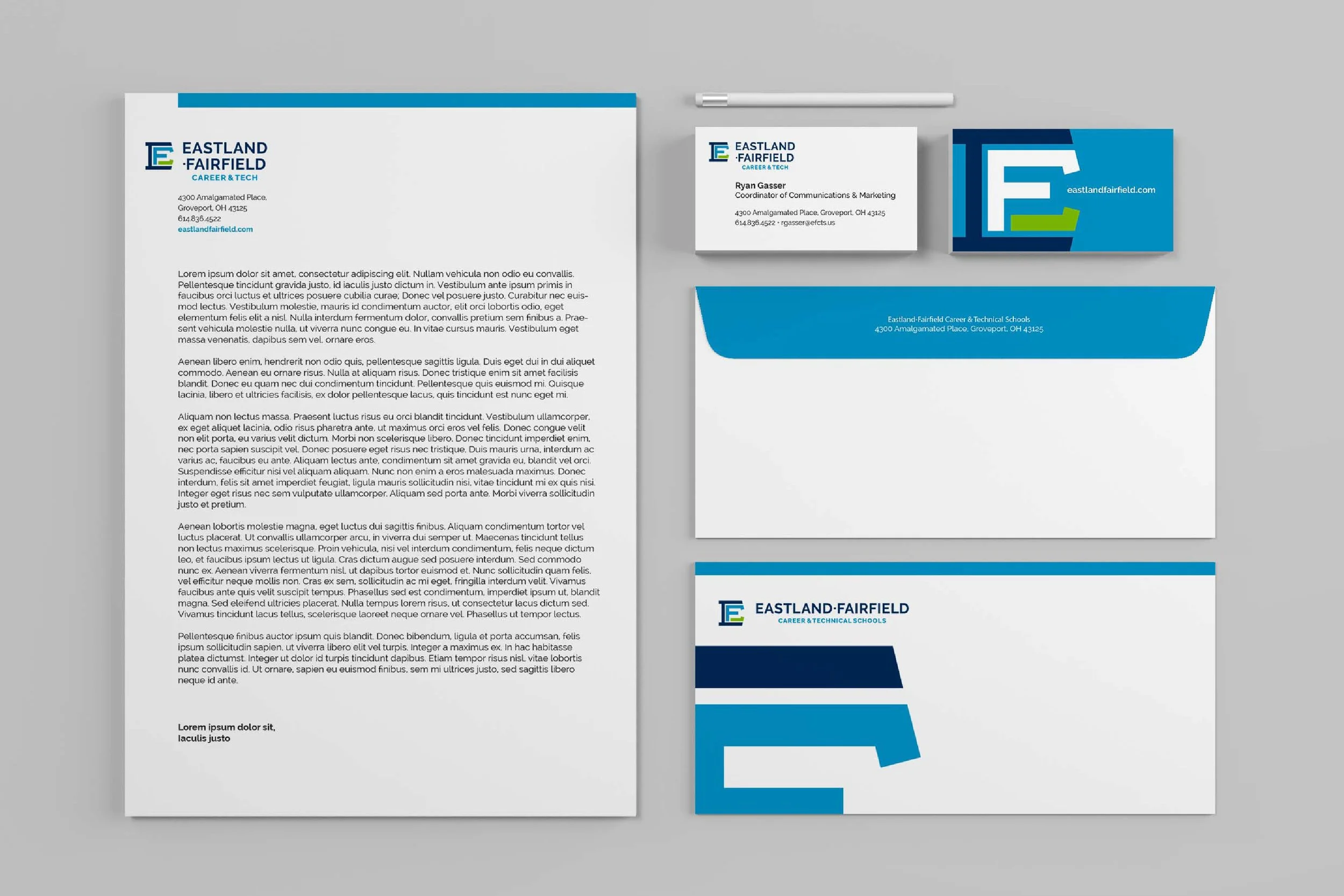 Business stationery set for Eastland-Fairfield Career & Technical Schools, including a letterhead, business card, envelope, and brochure, all in blue, white, and green with the school's logo.