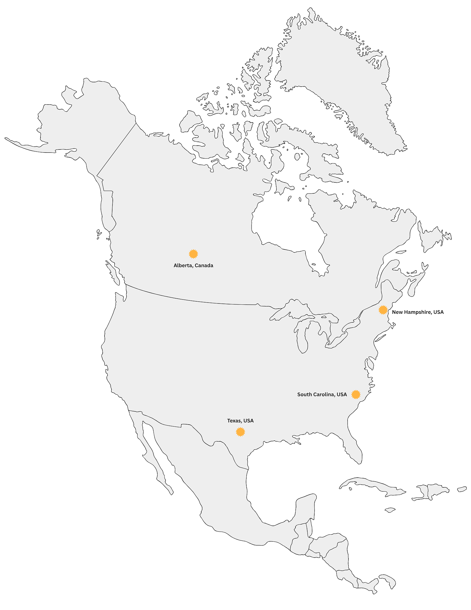 Map of North America with four marked locations: Alberta, Canada; New Hampshire, USA; South Carolina, USA; and Texas, USA.