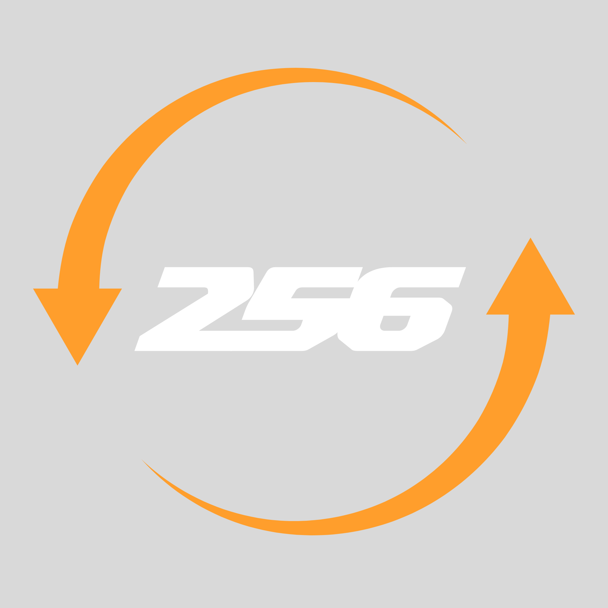 A digital graphic with the text '256' in the center, surrounded by an orange circular arrow indicating refresh or cycle, on a light gray background. 256 Recycling logo