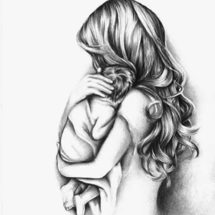 A woman holding a small child close to her chest, with the child's face resting on her shoulder, in a black and white sketch style.