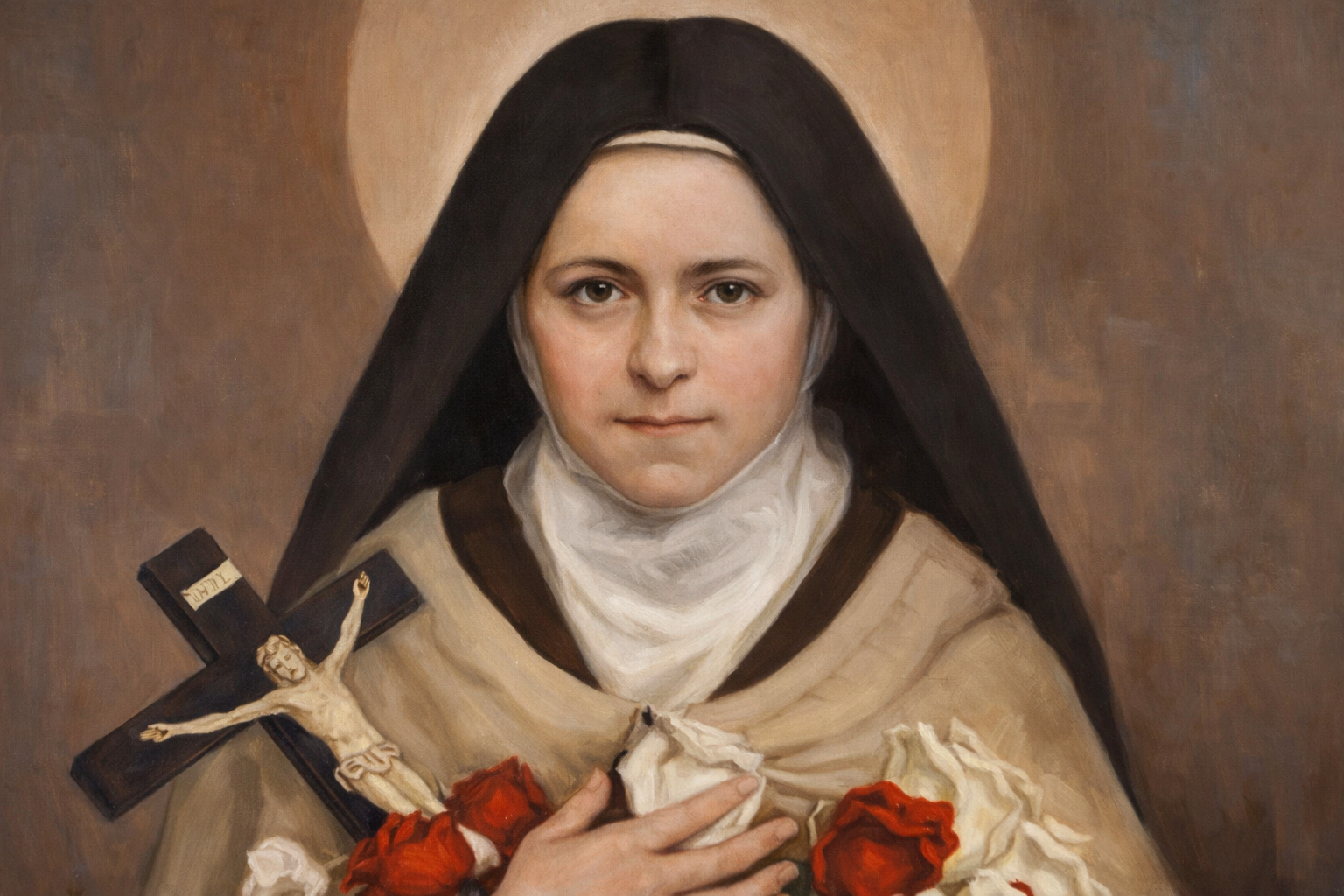 Painting of St. Therese of Lisieux holiding a crucifix with a figure of Jesus.