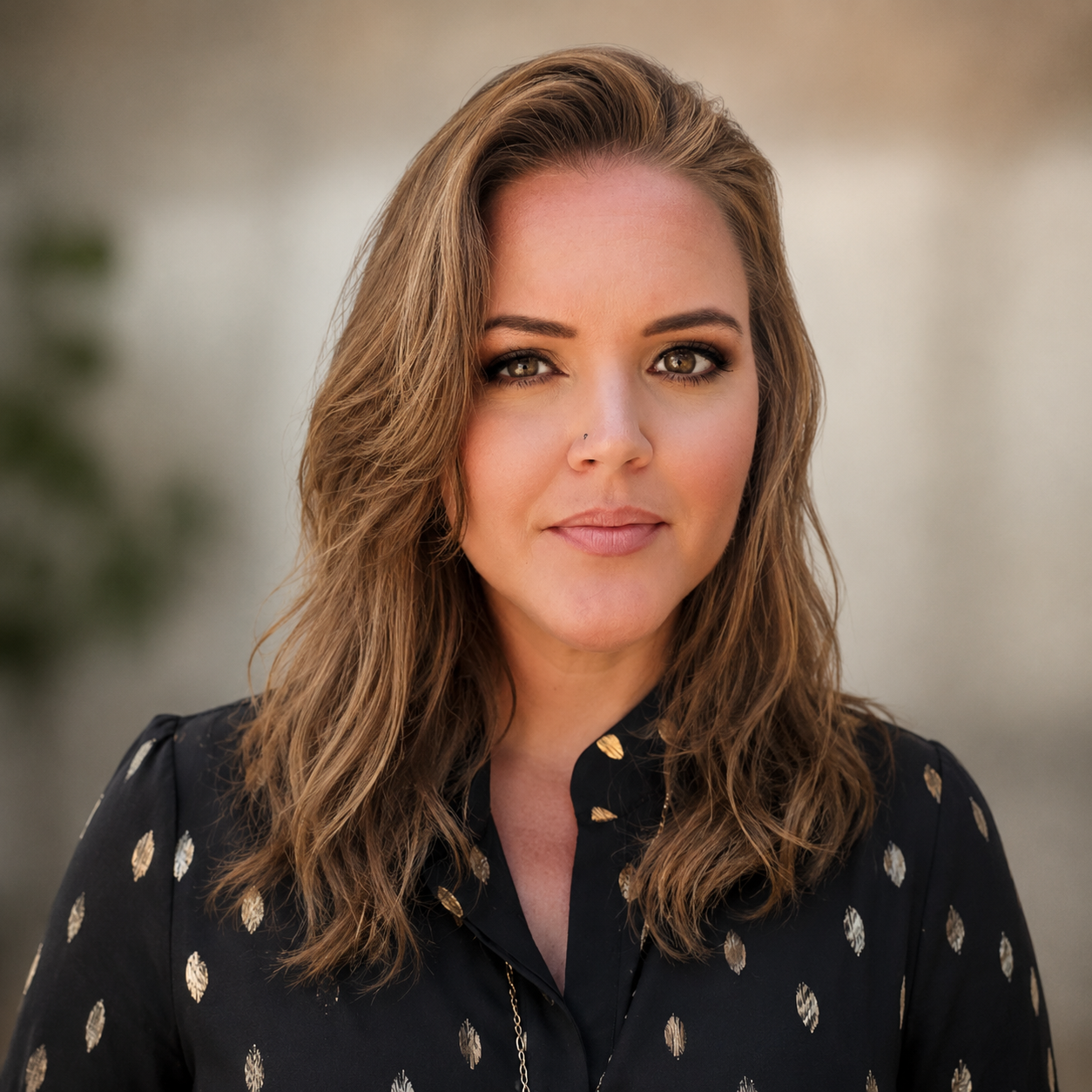 A woman with shoulder-length wavy brown hair, wearing a black shirt with a metallic pattern, looking directly at the camera with a neutral expression.