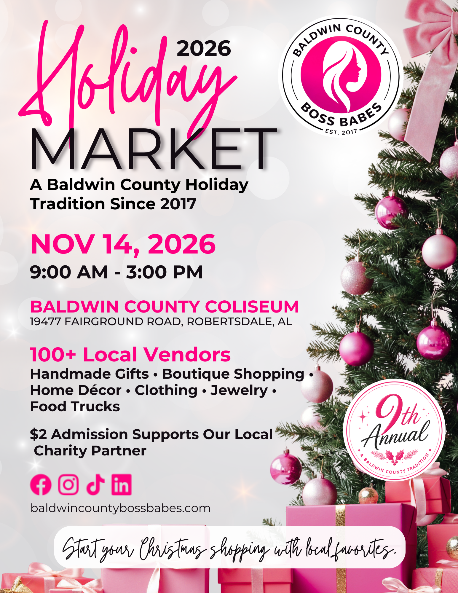 Pink and white Christmas-themed event flyer with a decorated Christmas tree on the right side, featuring pink and white ornaments, ribbons, and wrapped gifts. The flyer promotes the 4th Annual Holiday Market on November 14, 2026, from 9:00 AM to 3:00 PM at Baldwin County Coliseum, with details about vendors, local crafts, and charity support. Logos for social media and the Baldwin County Boss Babes circle logo are included.