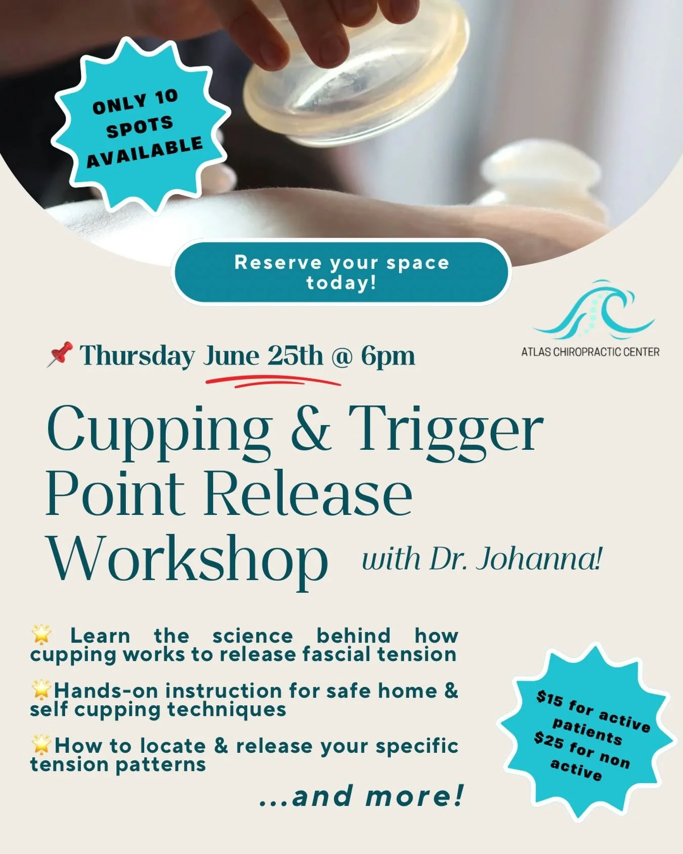 Our signature workshop is back🤩

Join us for this hands-on experience where you'll discover the powerful combination of ancient cupping therapy &amp; modern trigger point release techniques! Experience immediate relief during our session as you lear