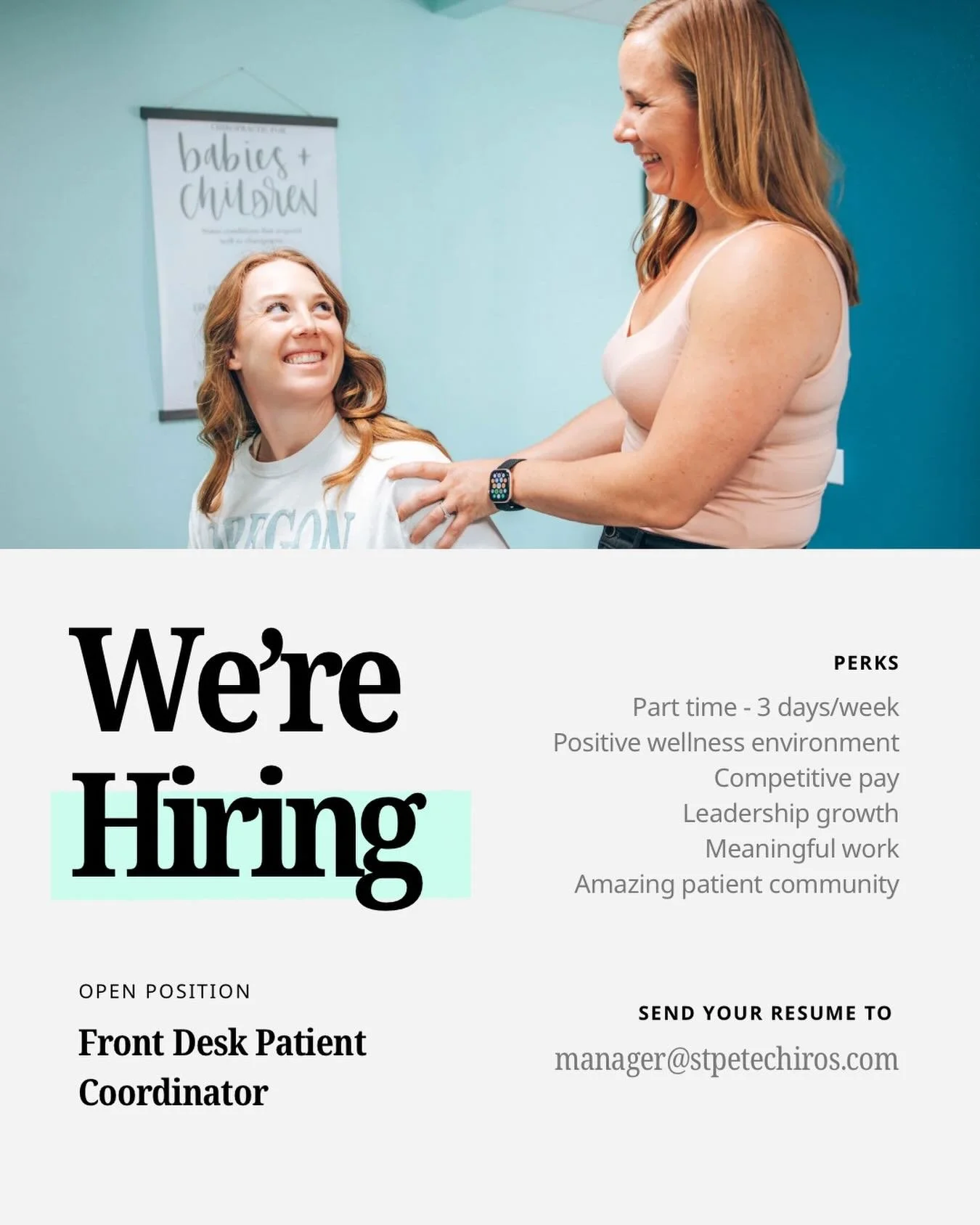 🤩We are looking for a Front Desk Patient Coordinator to join our holistic chiropractic office in St Pete🌴

At Atlas Chiropractic Center, we are a small, close-knit team built around one incredible doctor @drjohannahartley , a friendly &amp; health-