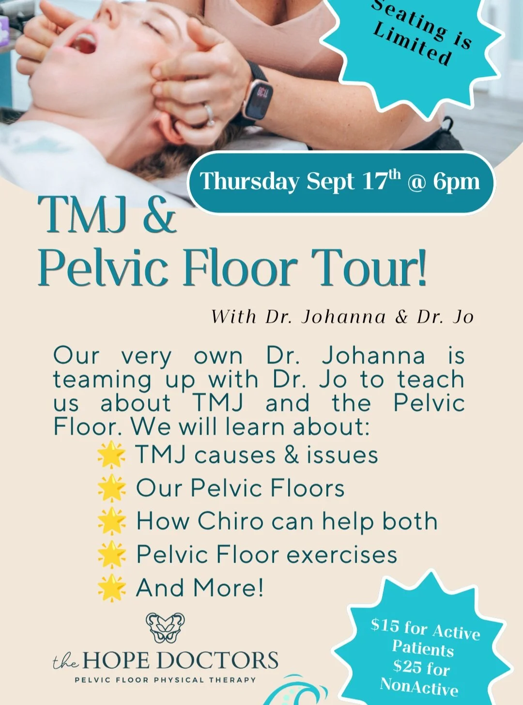 Seats are filling up for our TMJ + Pelvic Floor Workshop on 9/17. 🩵

If you're dealing with jaw tension, headaches, or the pelvic floor issues nobody warns you about after having kids &mdash; you already know these aren't things you just "deal 