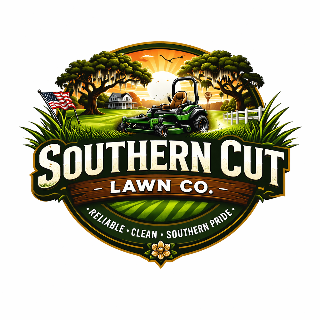 Logo for Southern Cut Lawn Co. featuring a lush green lawn, a riding mower, two large trees, a house, a white fence, a windmill, an American flag, and a sunset background. The text highlights reliability, cleanliness, and Southern pride.