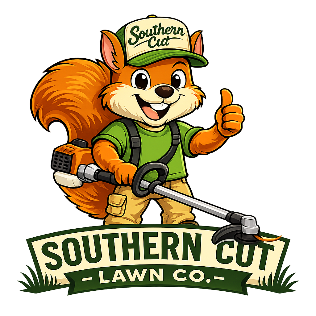 A cartoon squirrel wearing a green cap labeled 'Southern Cut', green shirt, and tan pants, giving a thumbs up while holding a weed trimmer, standing in front of grass and a wooden background. The logo reads 'Southern Cut Lawn Co.'