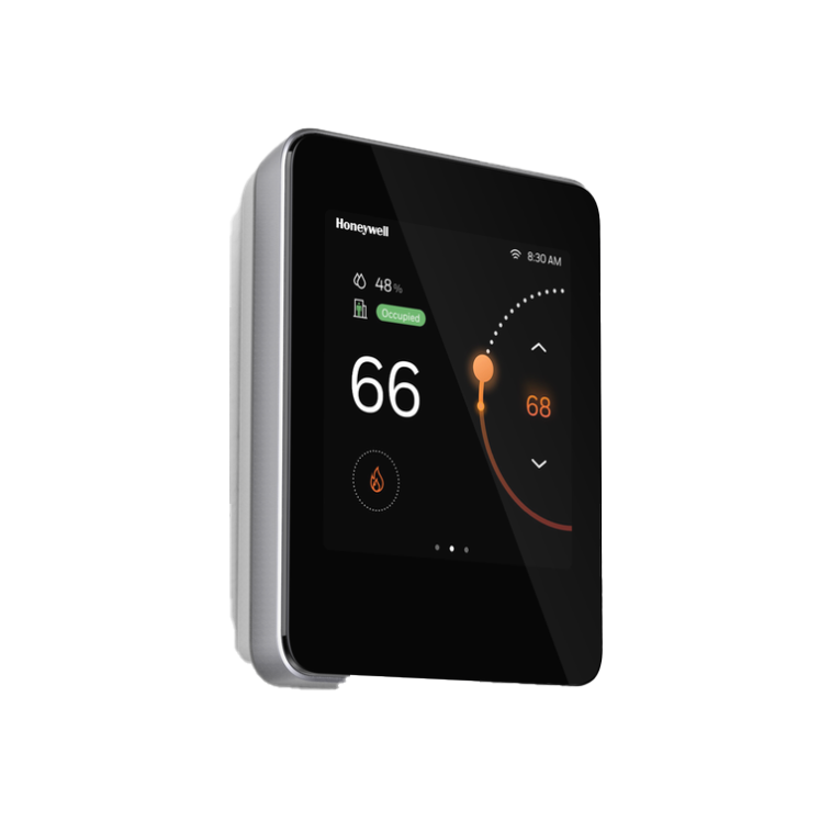 A Honeywell thermostat displaying a temperature of 66 degrees Fahrenheit, with a target of 68, and a Wi-Fi signal icon at the top. The screen shows a 48% battery level and that the unit is occupied.