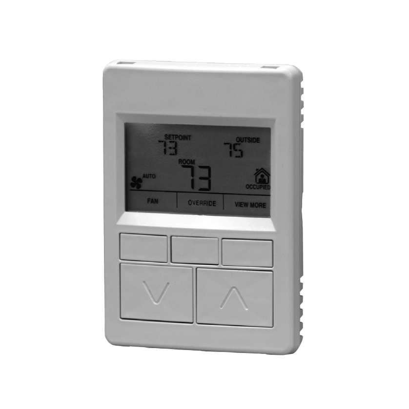 Digital thermostat displaying room temperature of 73°F, setpoint of 73°F, outside temperature of 75°F, and an occupied status indicator.