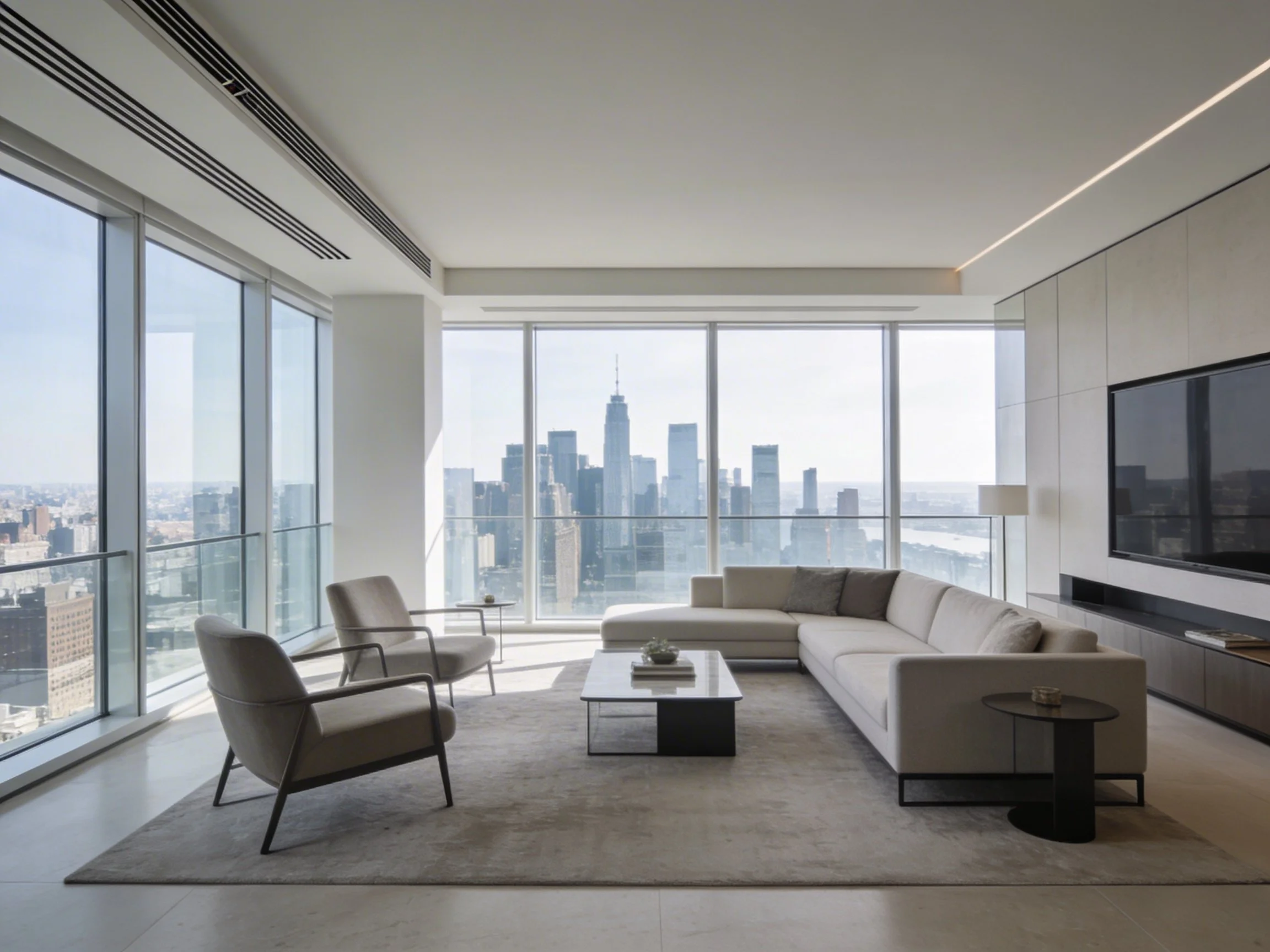 Modern living room with large floor-to-ceiling windows showing city skyline, L-shaped sofa, two armchairs, coffee table, TV, and neutral color palette.