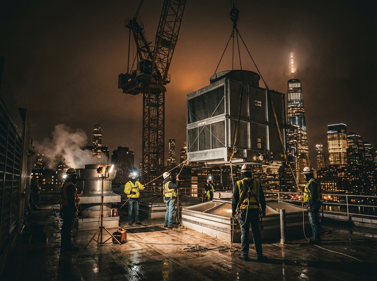 Construction workers are installing equipment on a rooftop at night with New York City skyline, including One World Trade Center, in the background.