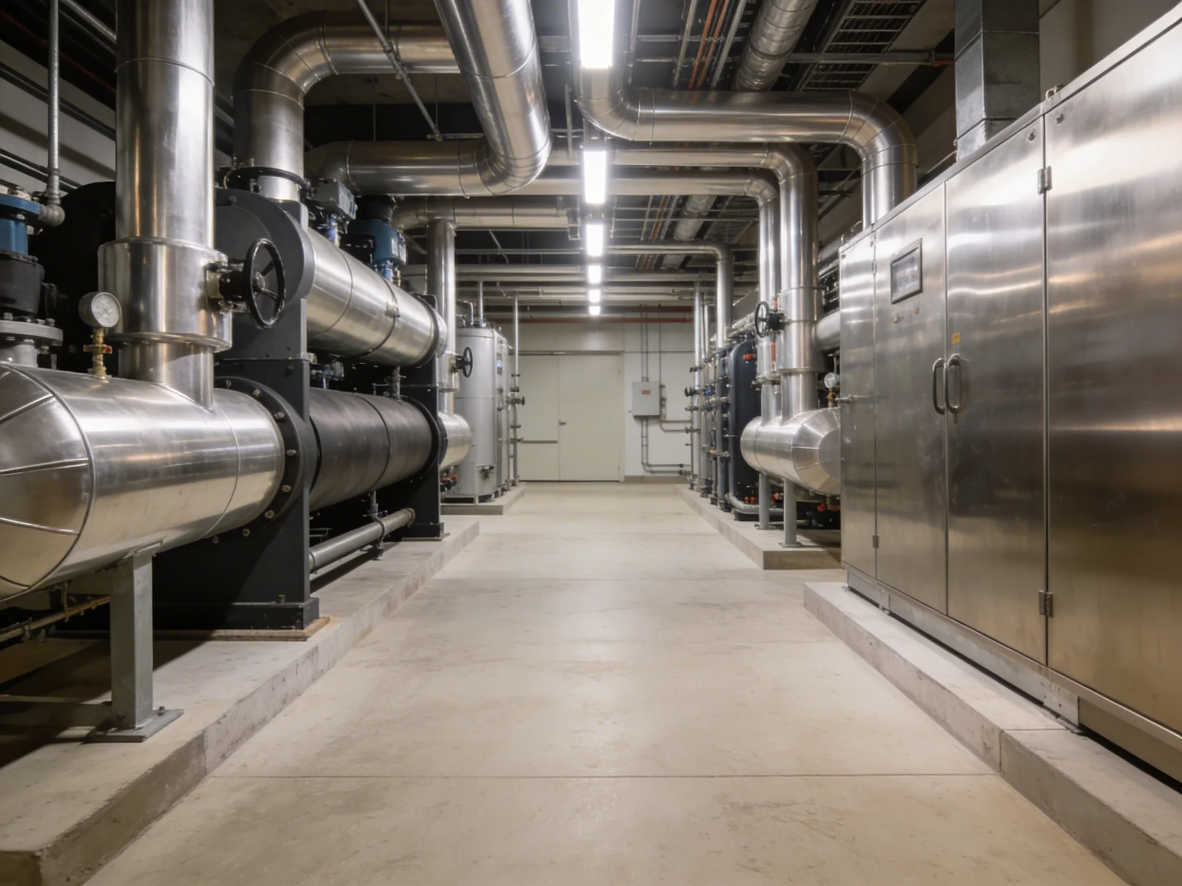 Industrial machinery with large metal pipes, tanks, and control panels in a clean, well-lit facility.