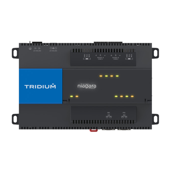 Industrial electronic controller with Tridium and Niagara branding, various LED indicators, and port labels for communication interfaces.