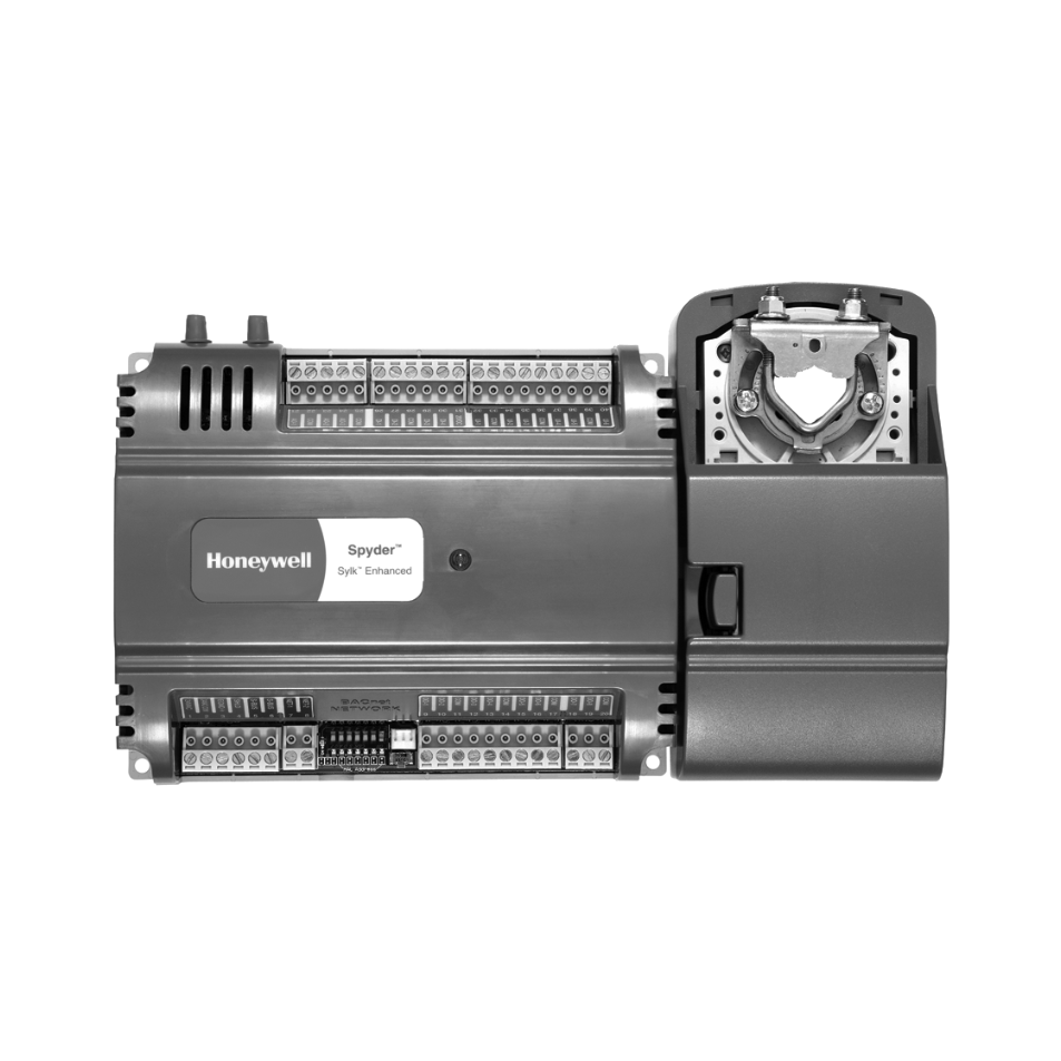 A Honeywell Spyder programmable logic controller (PLC) with multiple terminal connections and a motor coupling attachment on the right side.