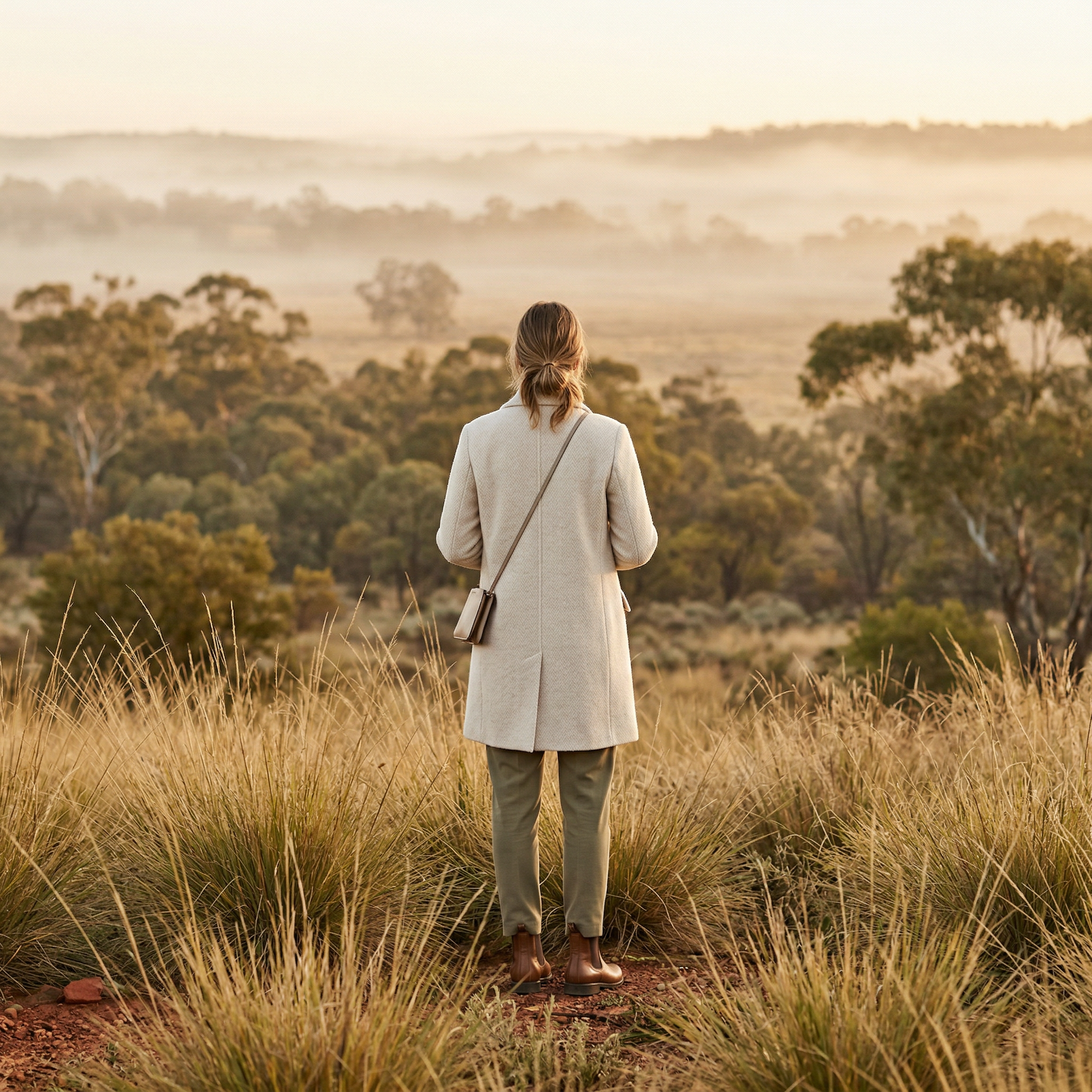 Single female figure with her back to us looking at a grassy Australian landscape