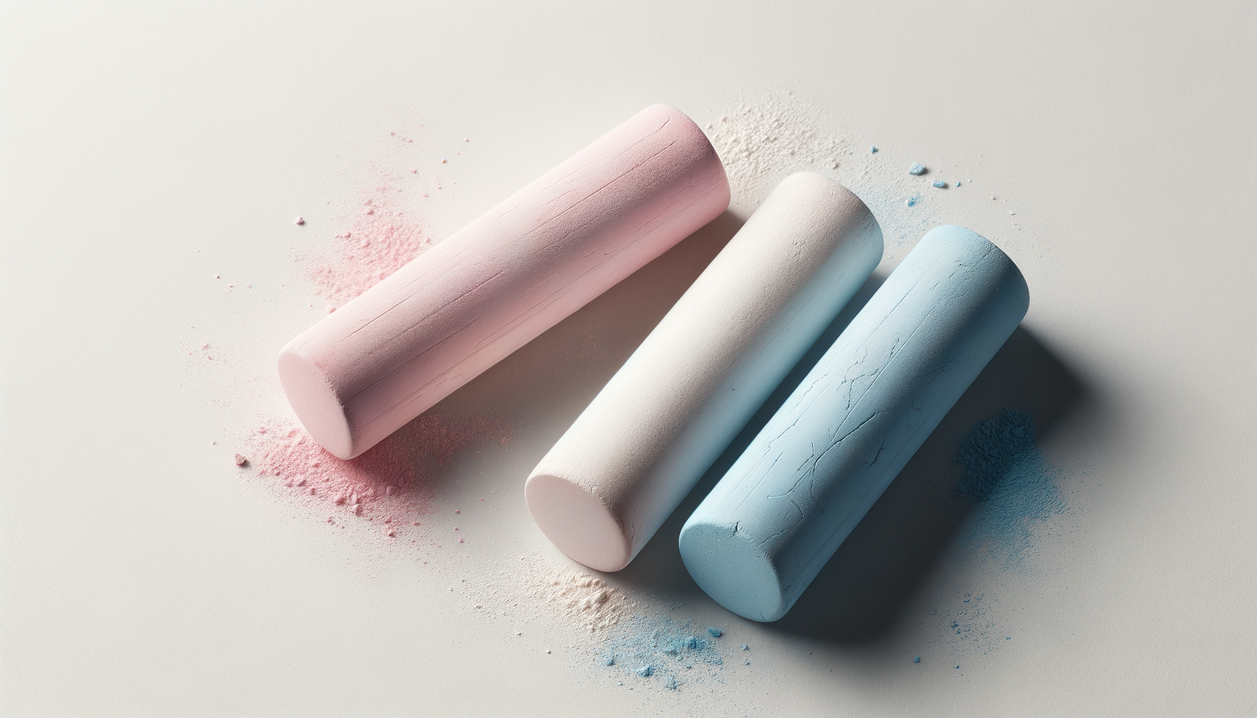 Three pastel-colored chalk sticks in pink, white, and blue on a white surface, with chalk dust scattered around.