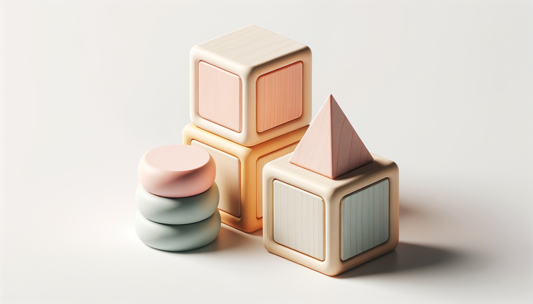 Set of pastel-colored wooden blocks and shapes, including stacked rounded and flat pieces, cubes with textured faces, and a pyramid, arranged on a plain white surface.