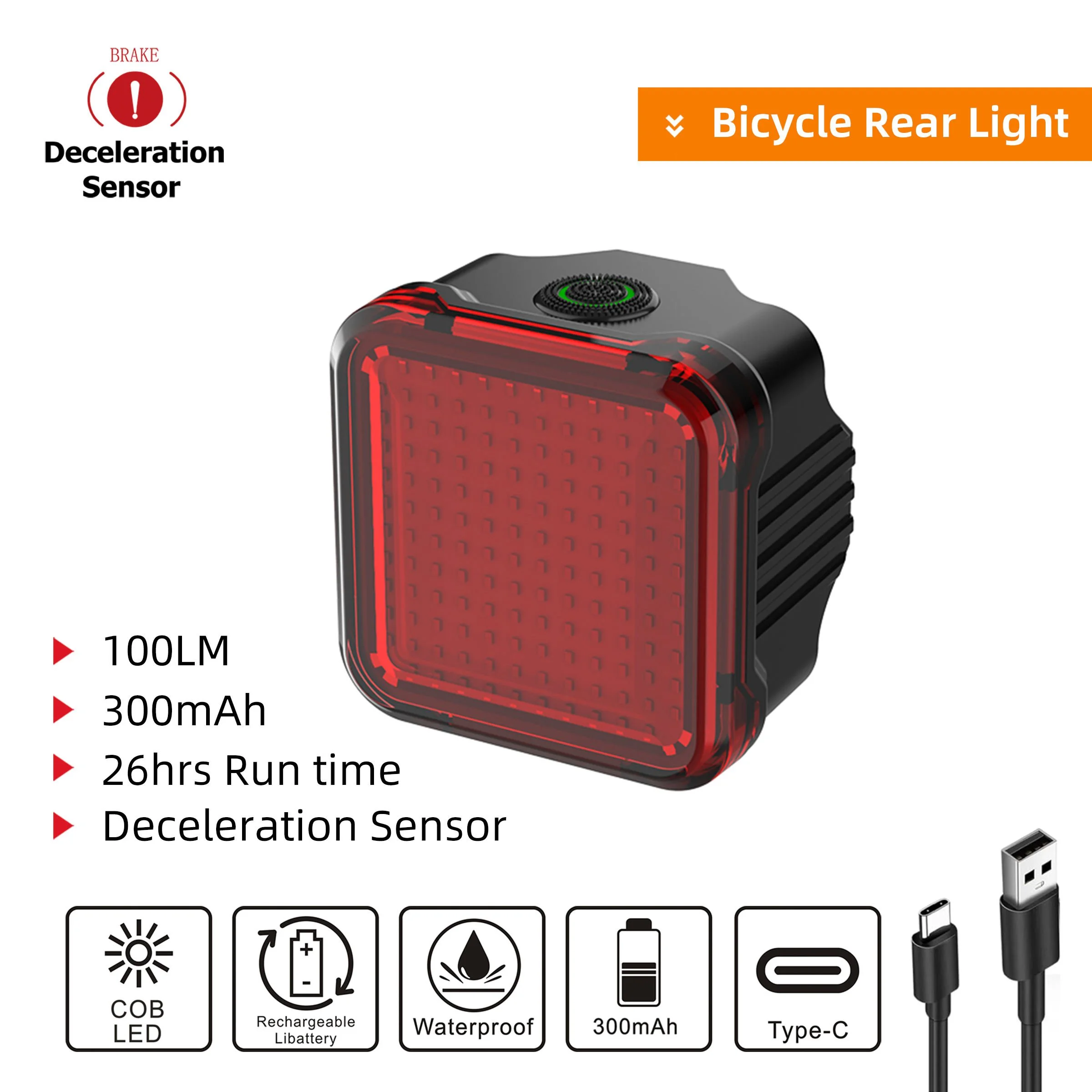 AABR-W6 smart brake-sensing LED bicycle rear light with 100LM output, 300mAh battery, 26-hour runtime, and Type-C charging