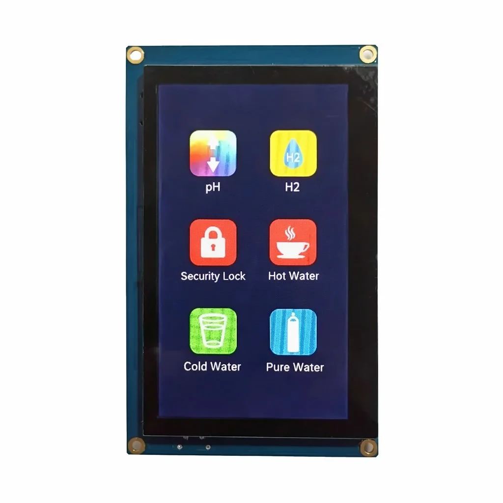 Touchscreen device with six icons labeled pH, H2, Security Lock, Hot Water, Cold Water, and Pure Water.
