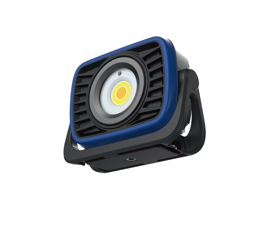 A modern LED headlamp with a black and blue casing and adjustable strap.