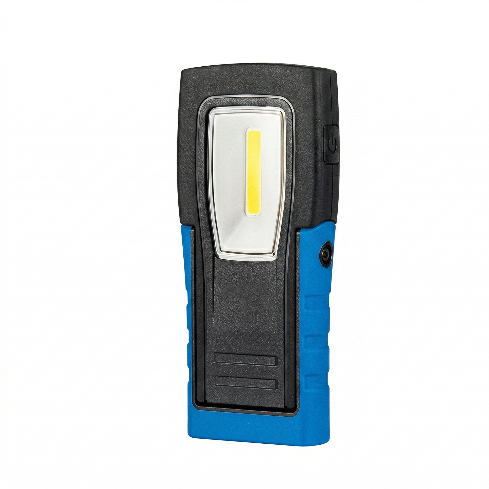 A black and blue portable work light with a yellow LED bulb in the center and a power button on the side.