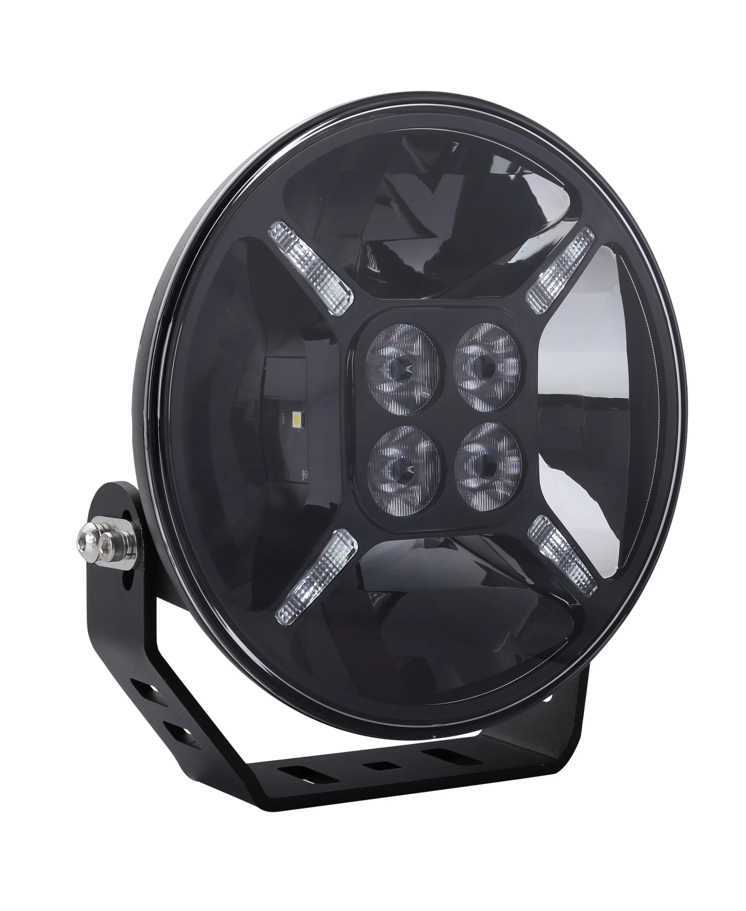 Black circular LED spotlight with four main lights and four smaller side lights mounted on a black adjustable stand.