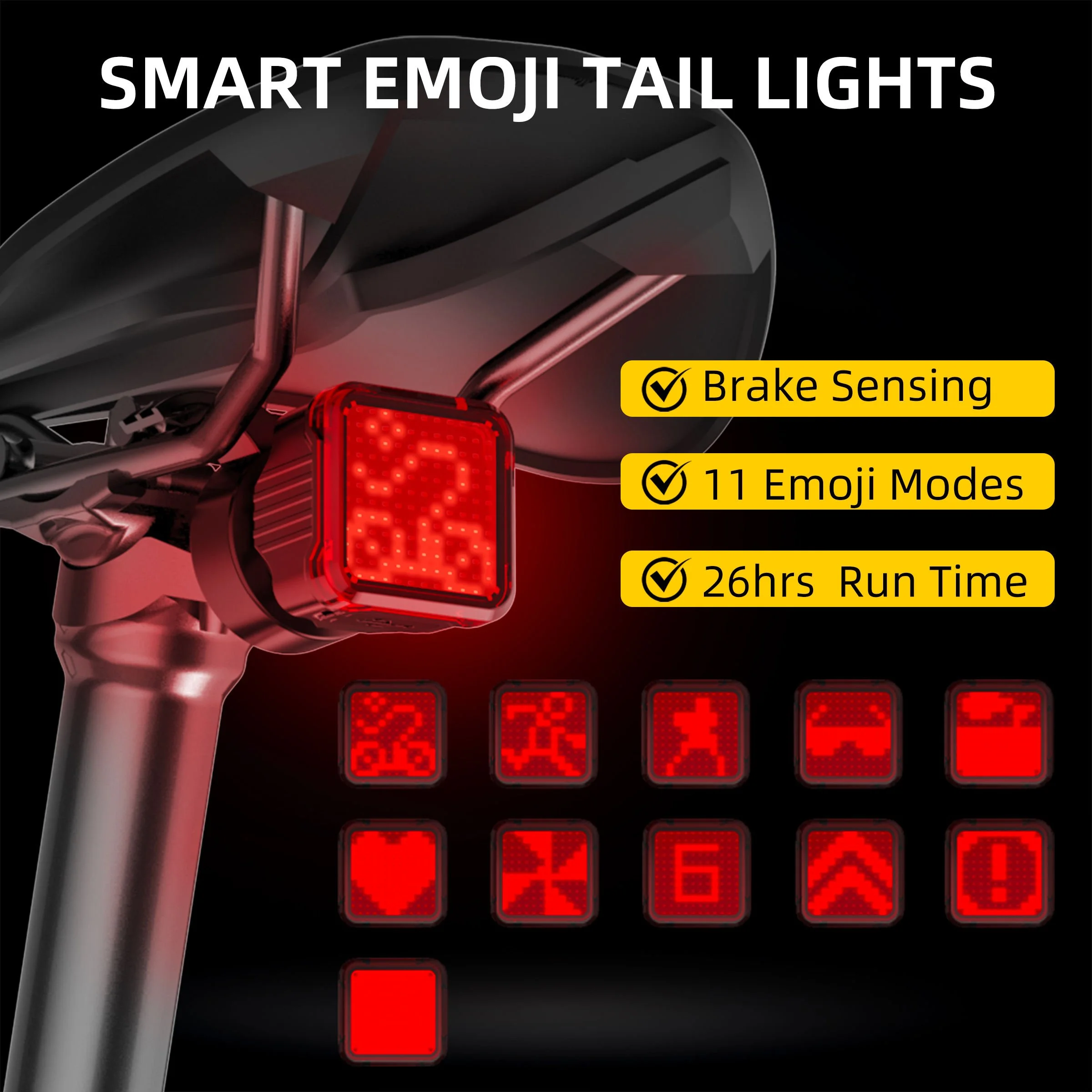 AABR-W6 smart emoji LED bicycle tail light with brake sensing, 11 emoji lighting modes, and 26-hour runtime