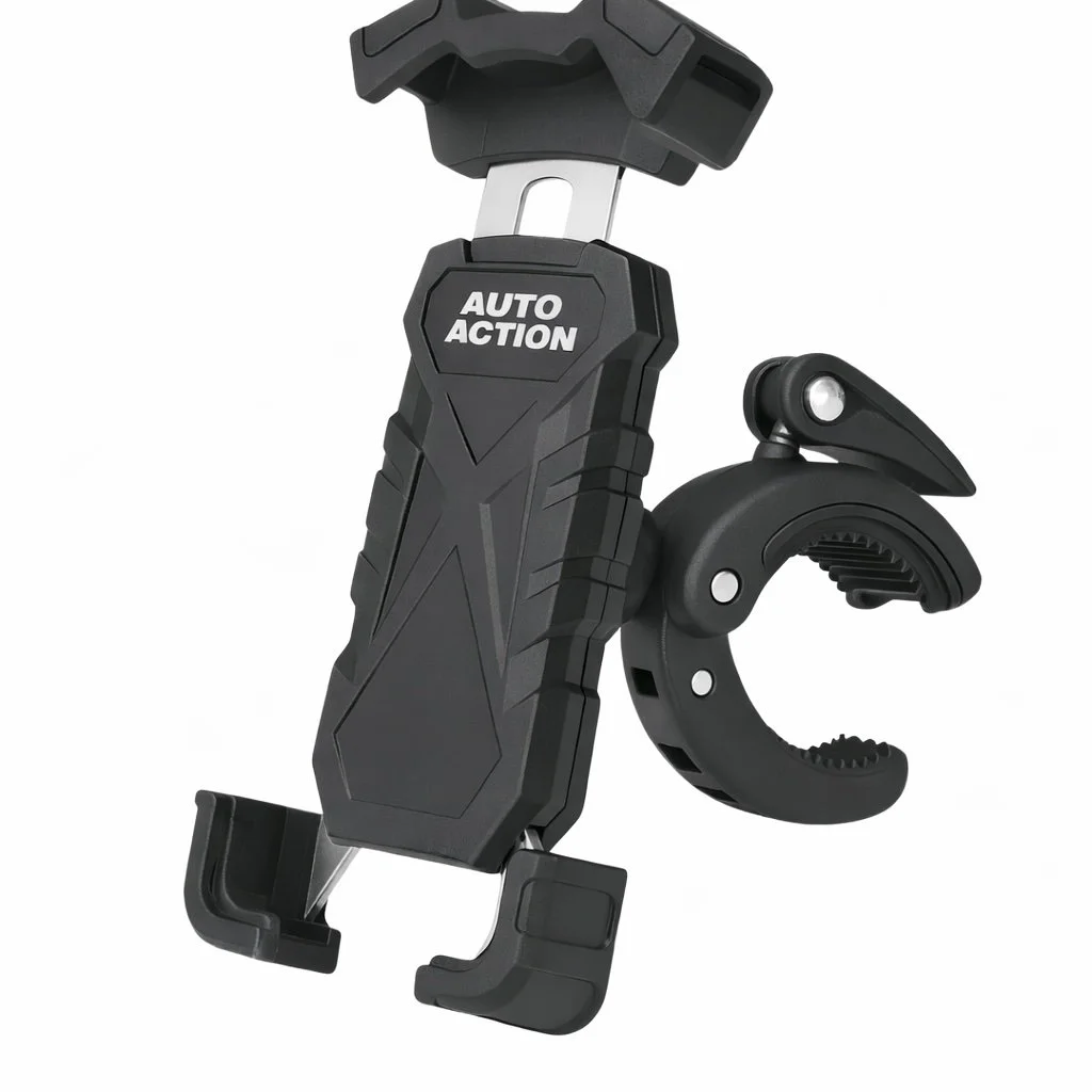 A black car phone mount with adjustable clamps, labeled "AUTO ACTION," designed to hold a mobile device while driving.