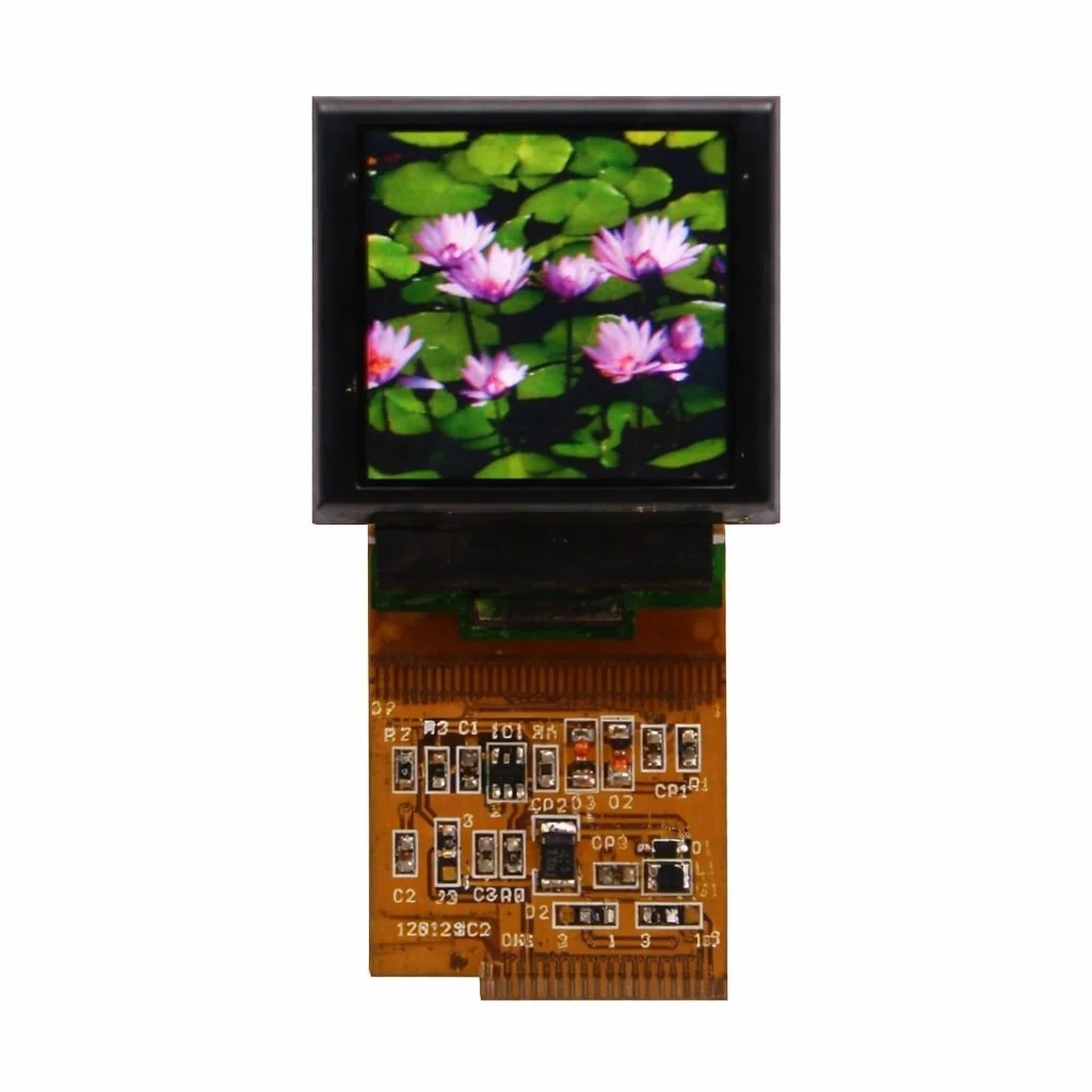 A small electronic device with a colorful screen displaying pink water lilies and green lily pads, mounted on a circuit board.
