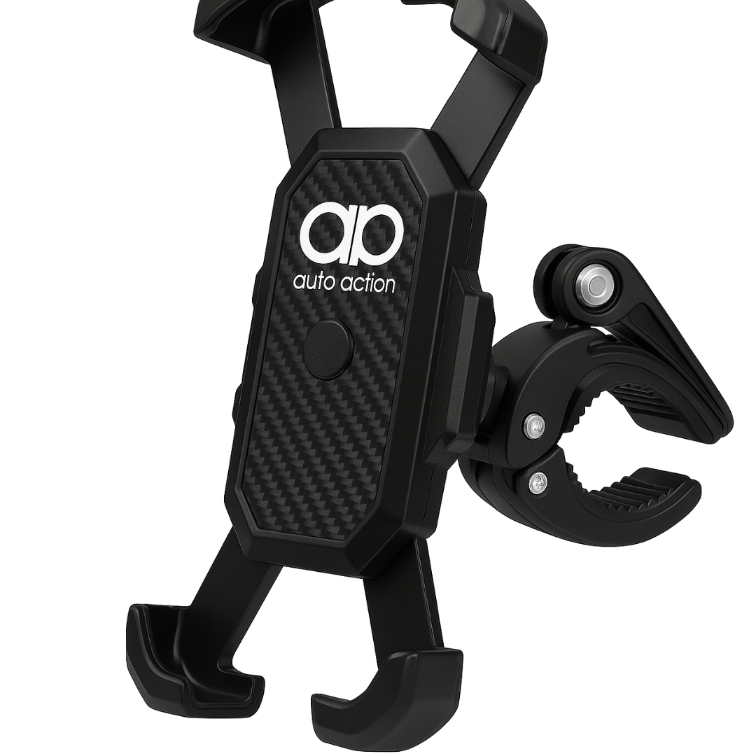 Car phone holder with a black and gray design featuring the logo 'auto action' on the front.