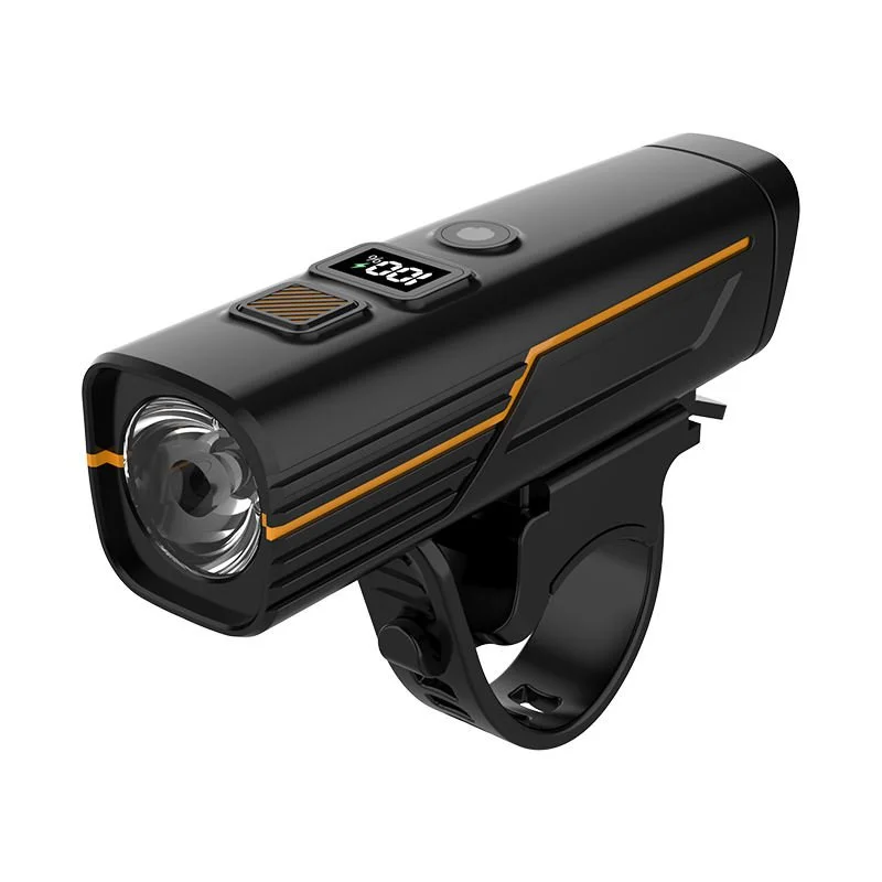 Black bicycle headlight with digital display and orange accents.