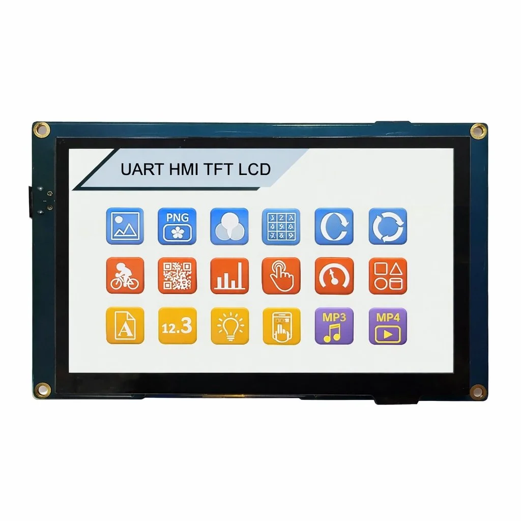 A rectangular LCD touchscreen display with colorful icons and labels, titled "UART HMI TFT LCD" at the top, used for technological or electronic interface purposes.