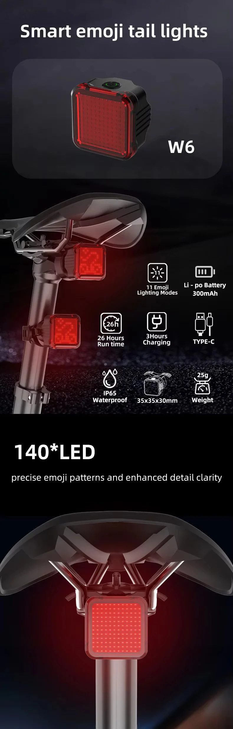 AABR-W6 smart emoji bicycle rear light specification overview with 300mAh battery, IP65 waterproof rating, 26-hour runtime, and Type-C charging