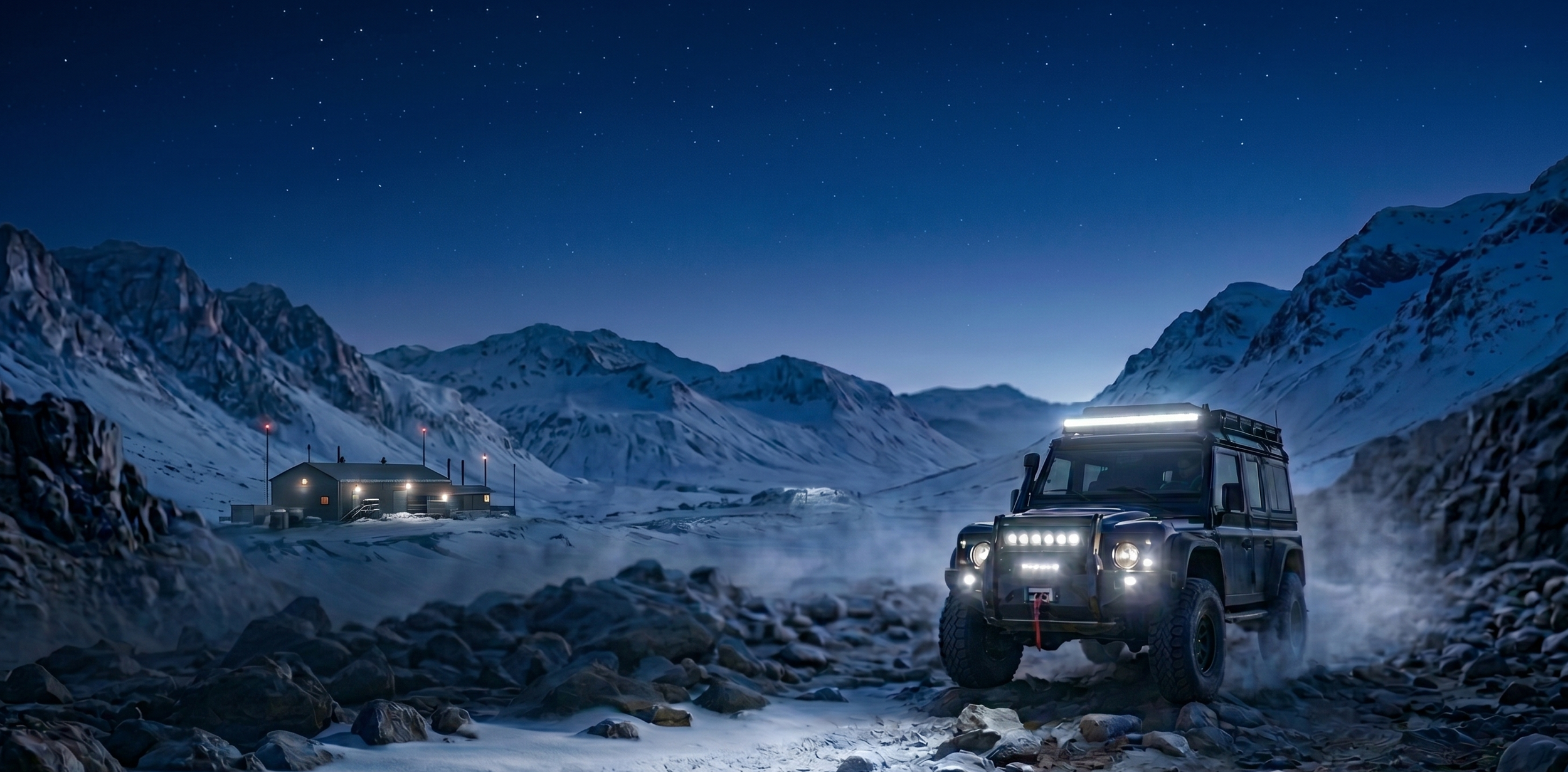 LED driving light equipped off-road vehicle in a snowy Nordic night landscape, representing OEM and ODM lighting support from Taiwan