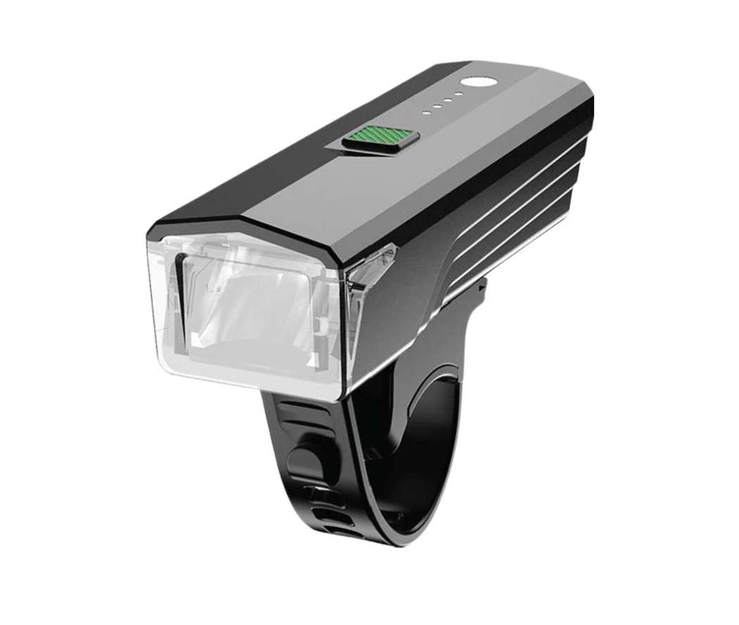 A black and silver bicycle headlight with a large transparent lens and an adjustable strap.