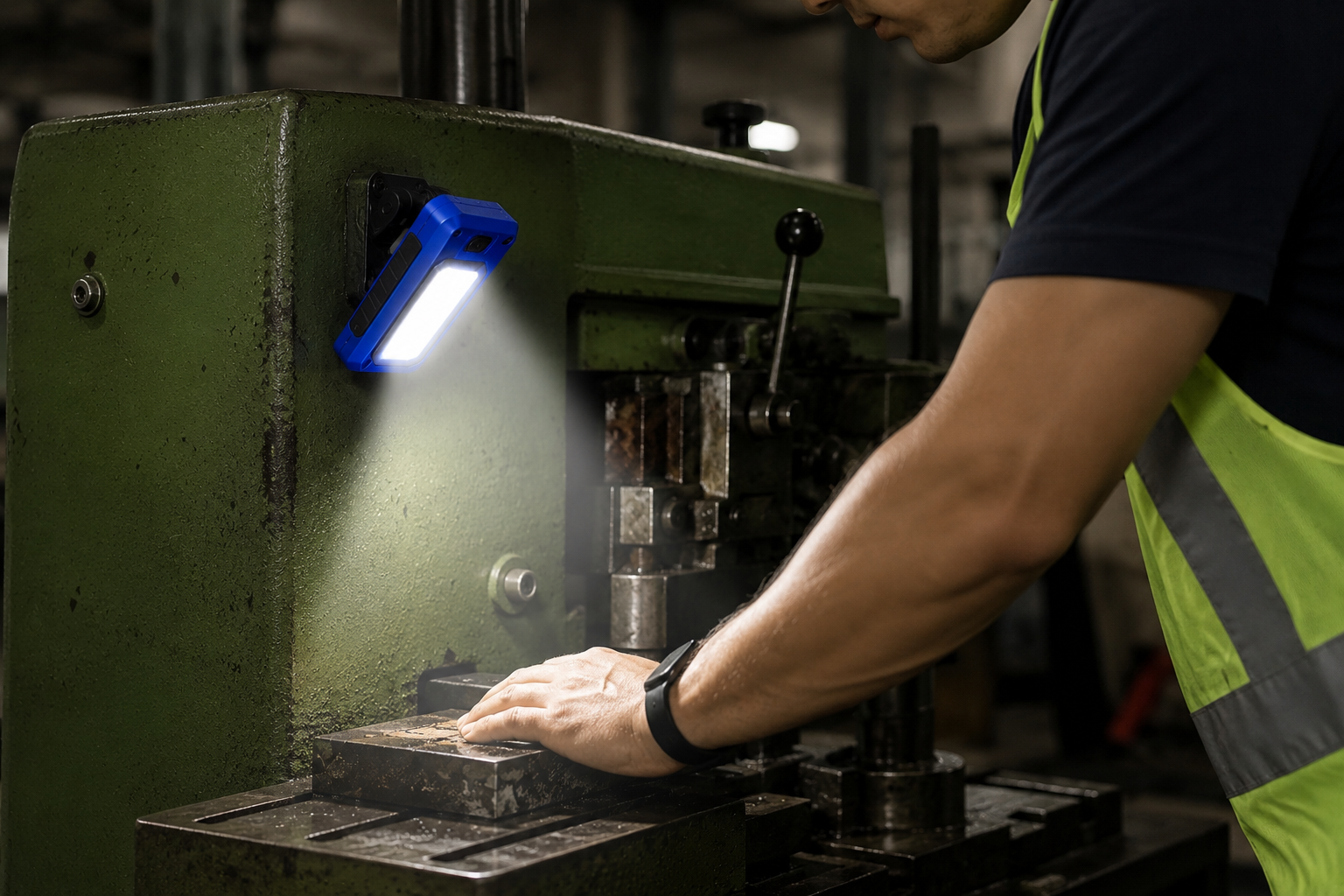 AA-WL-6003 rechargeable LED work light with magnetic base attached to a green metal machine for hands-free workshop lighting