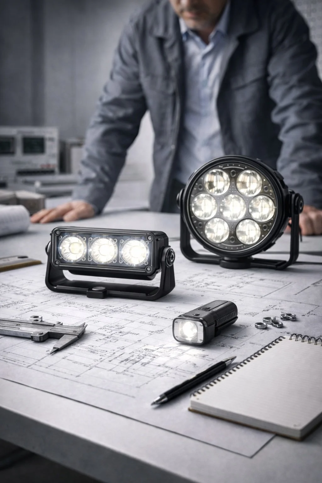 Engineering workspace with LED work lights, technical drawings, a flashlight, notebook, pen, and measuring tools on the table, with a person leaning over in the background.