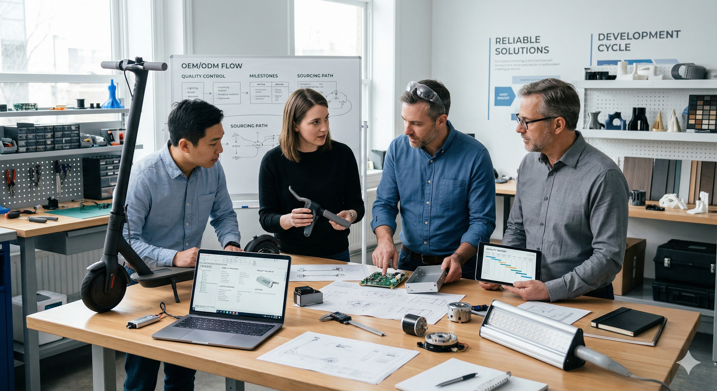 Group of five people working on a project at a workshop or lab, surrounded by tools, a laptop, diagrams, and electronic components.