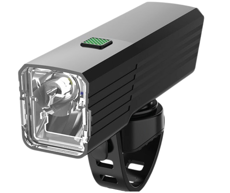 A black bicycle headlight with a rectangular shape, a transparent front lens, and a green button on top.