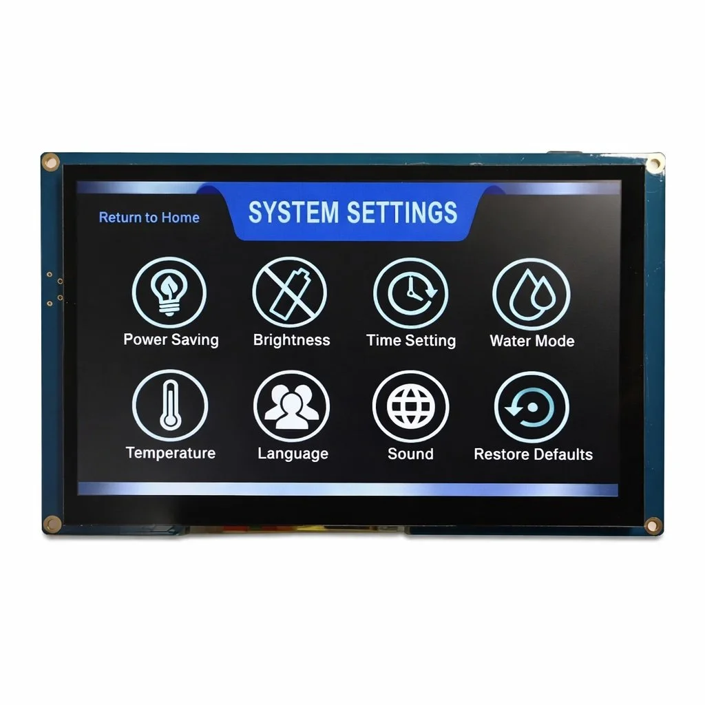 Digital screen displaying system settings menu including options for Power Saving, Brightness, Time Setting, Water Mode, Temperature, Language, Sound, and Restore Defaults.