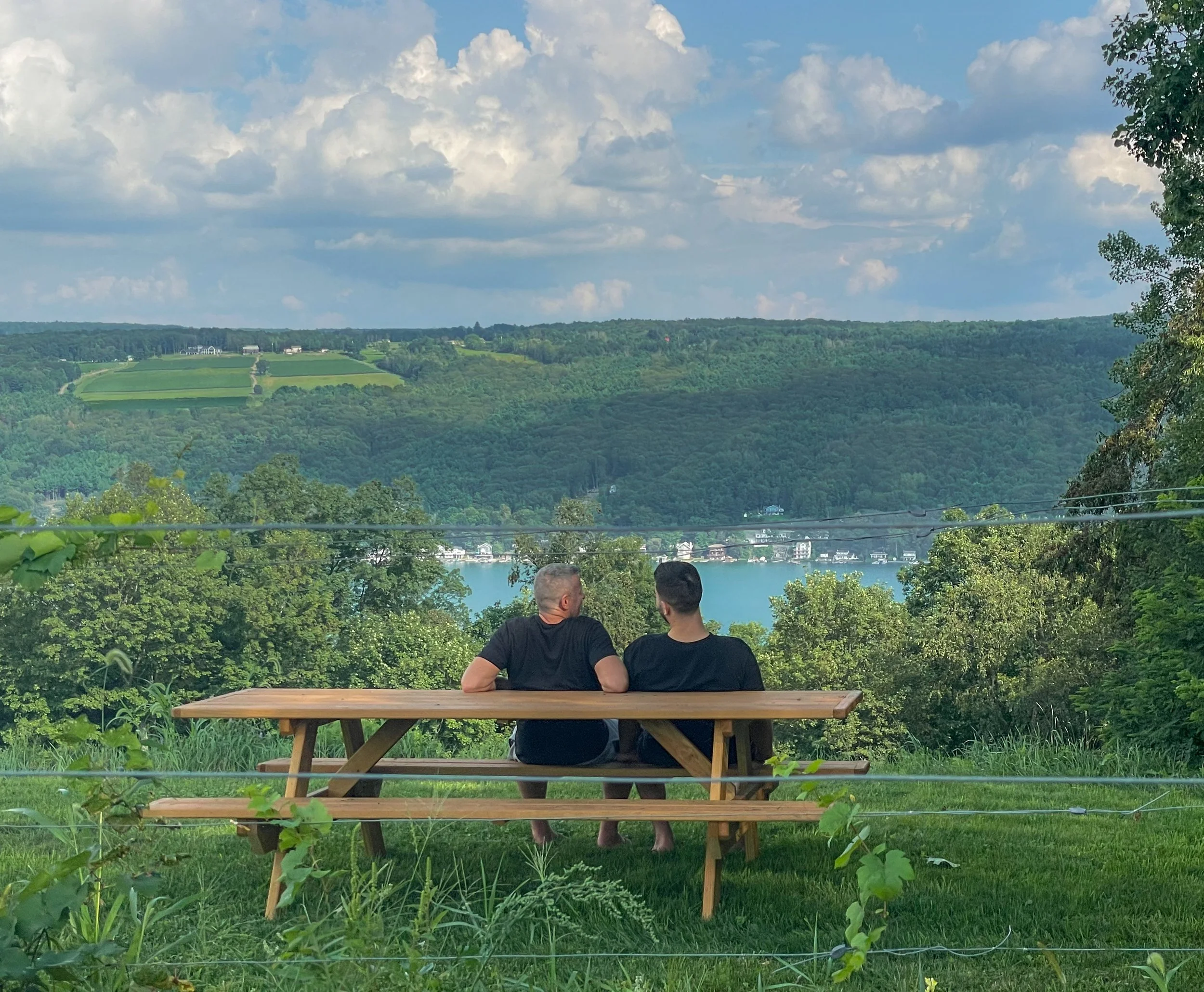 Two people sitting on a picnic bench overlooking a lake surrounded by green hills and trees with clouds in the sky.