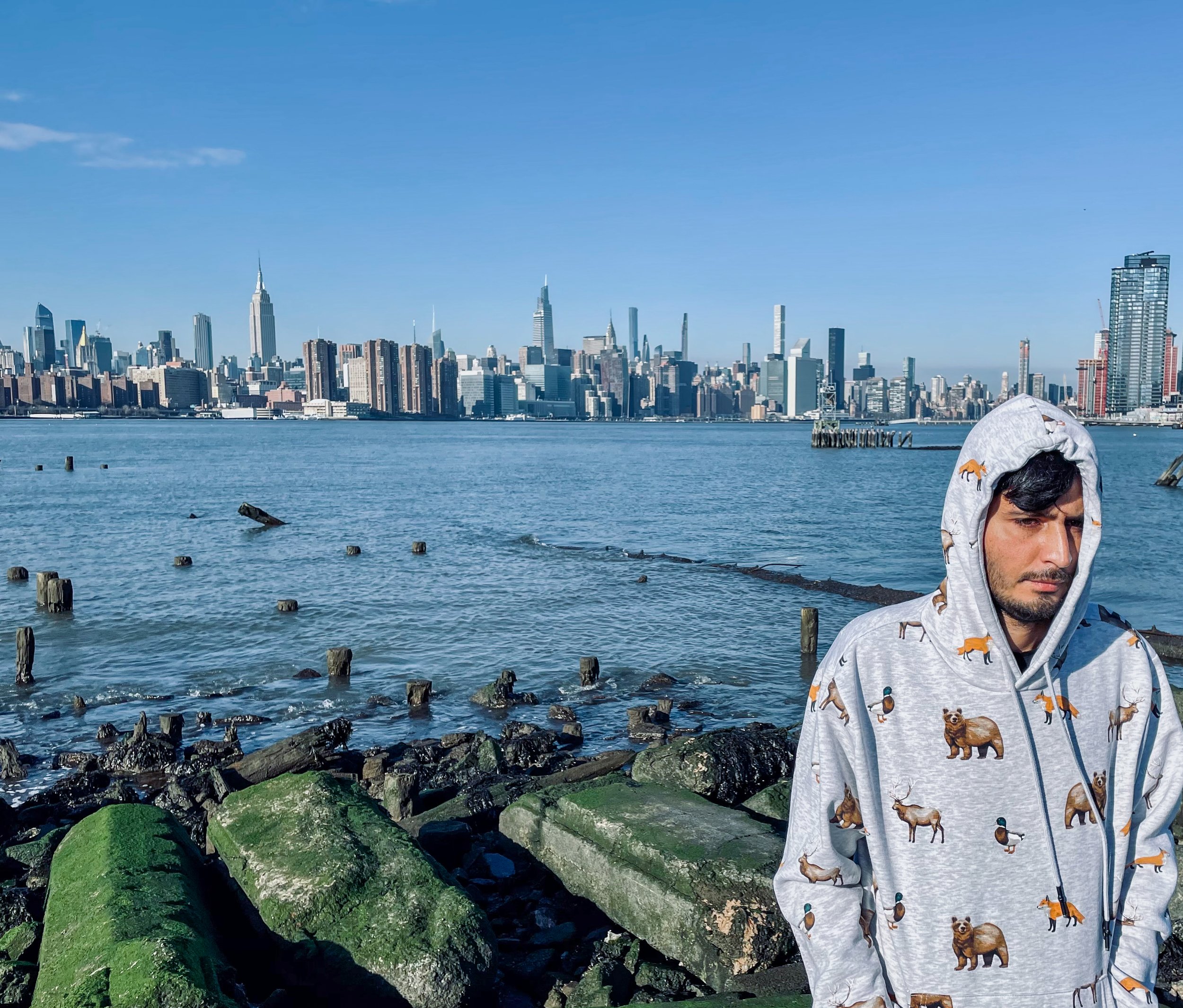 A man wearing a hoodie with animal prints standing near rocks by the water with a city skyline in the background.