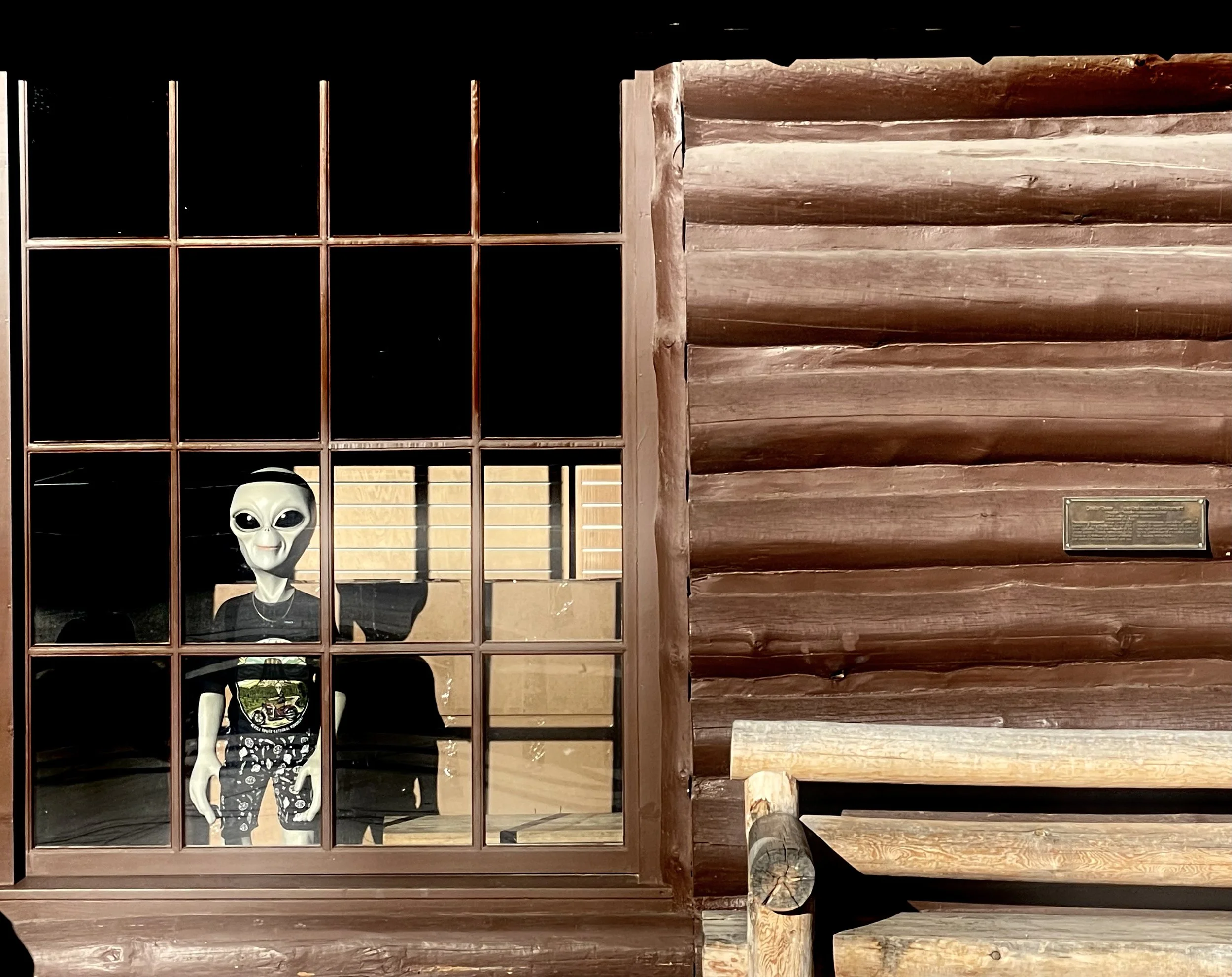 A mannequin with an alien face mask, black t-shirt, and patterned shorts is seen through the window of a wooden building with a grid of square windowpanes. The building has dark brown horizontal logs and a small wooden bench outside.