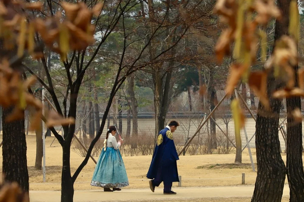 Two people in traditional Korean clothing walking through a park with leafless trees and yellow grass