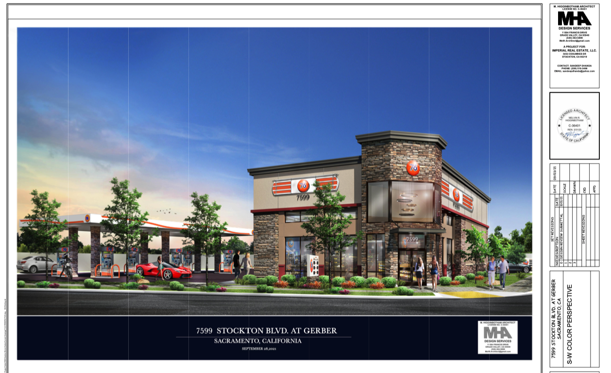 Architectural rendering of a new fueling station and convenience store on Stockton Boulevard at Gerber in Sacramento, California, with a modern design, brick accents, a gas pump area, cars, and pedestrians.