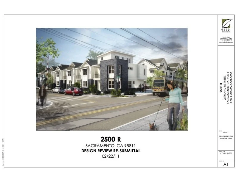 Rendering of a residential neighborhood showing modern white townhomes with dark accents, cars parked along the street, a bus, and a woman walking her dog.